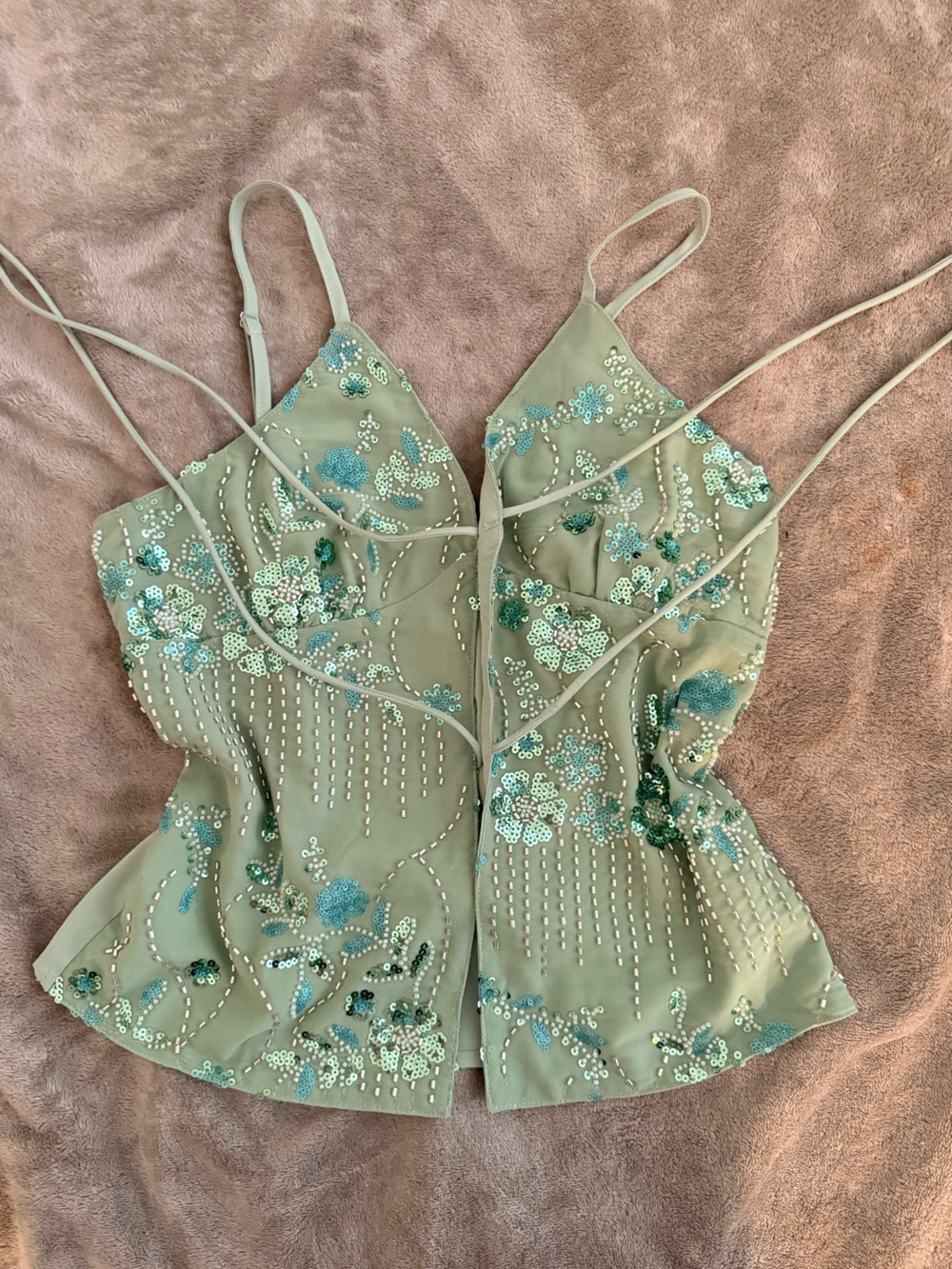 Embellished Spaghetti Strap Crop Top - Sage Green